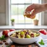 Apple Salad with Honeycrisp Apples in a bowl with dressing drizzled on top