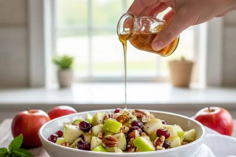 Apple Salad with Honeycrisp Apples in a bowl with dressing drizzled on top
