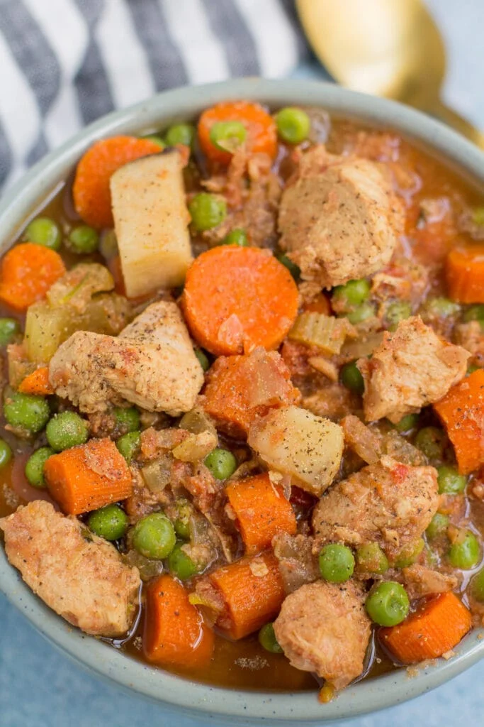 Healthy crockpot recipes chicken and vegetable stew in a slow cooker
