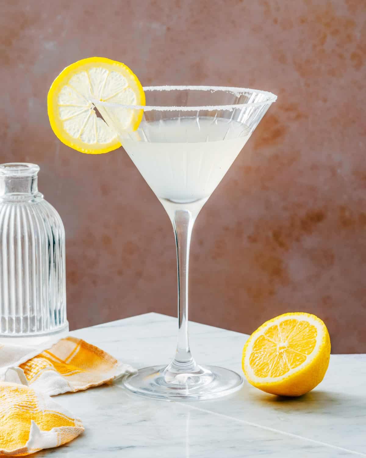 Classic lemon drop martini with sugar rim and lemon twist