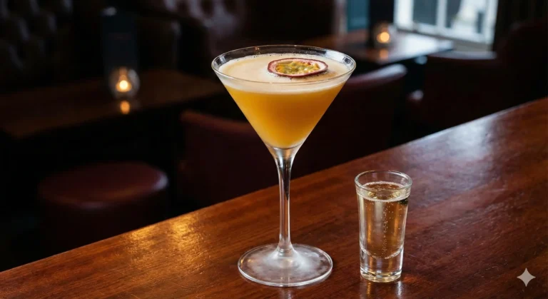 pornstar martini cocktail with passion fruit and prosecco shot